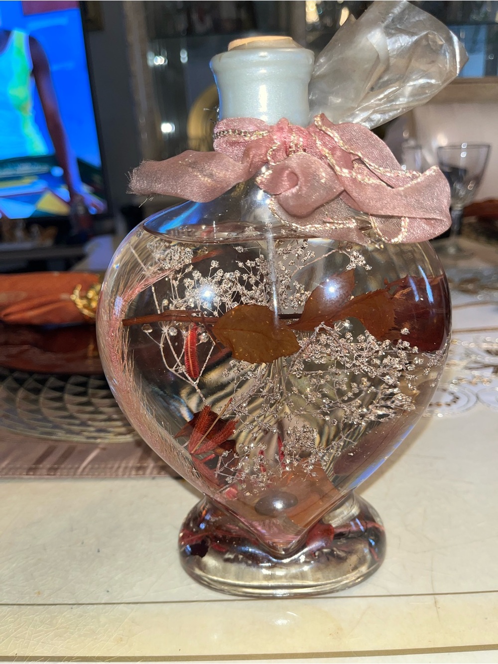 Vintage Italian Art Glass Heart Herbarium Bottle - Real Dried Flowers
